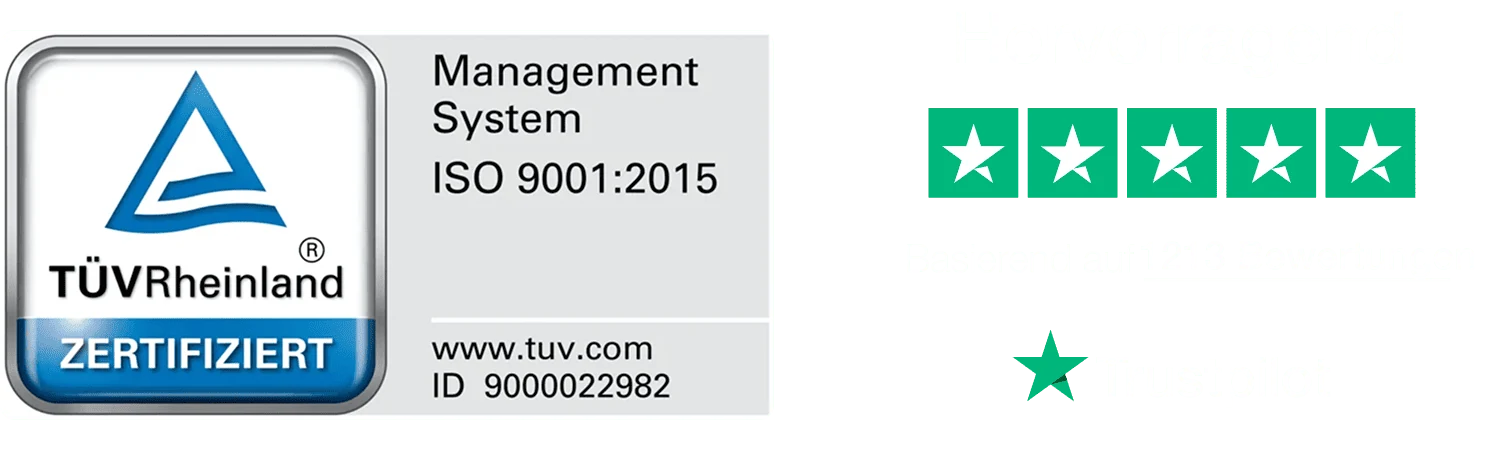 TÜV Rheinland zertifiziert nach ISO 9001:2015 und Trustpilot: Hervorragend, basierend auf 1213 Bewertungen